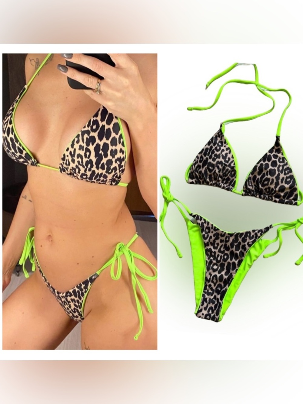 Neon Green Leopard Halter Tie Side Cheeky Bikini Set